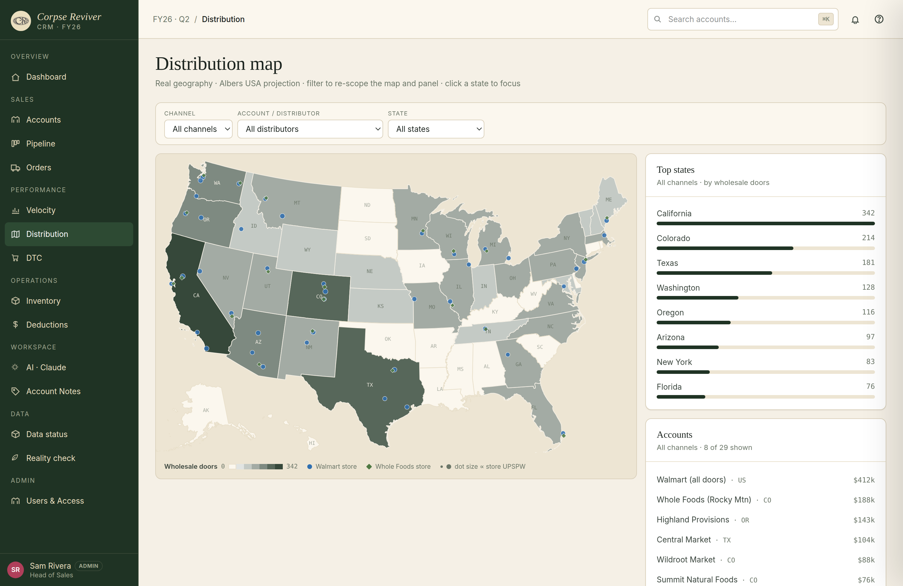 Corpse Reviver CRM distribution map — an Albers-USA choropleth of doors by state with Walmart and Whole Foods store locations