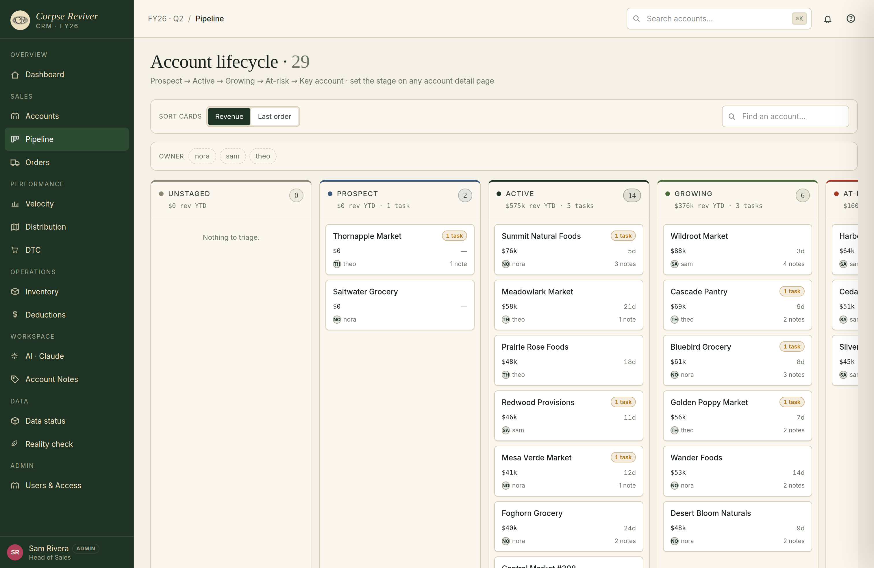 Corpse Reviver CRM pipeline — an account-lifecycle kanban from prospect to key account